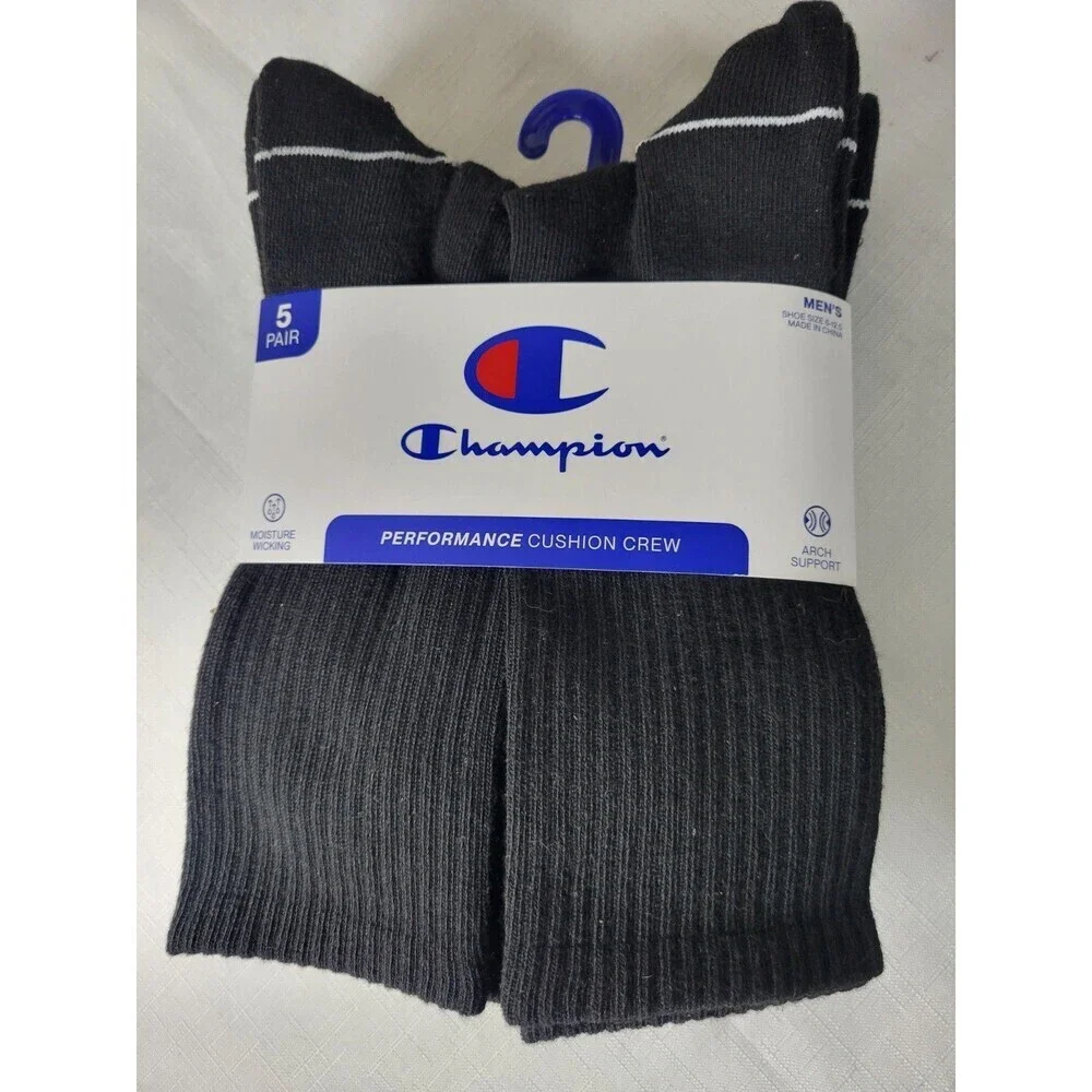 Champion Mens- Crew Black Socks 5 Pair Athleticwear Size 6-12  Cushioned